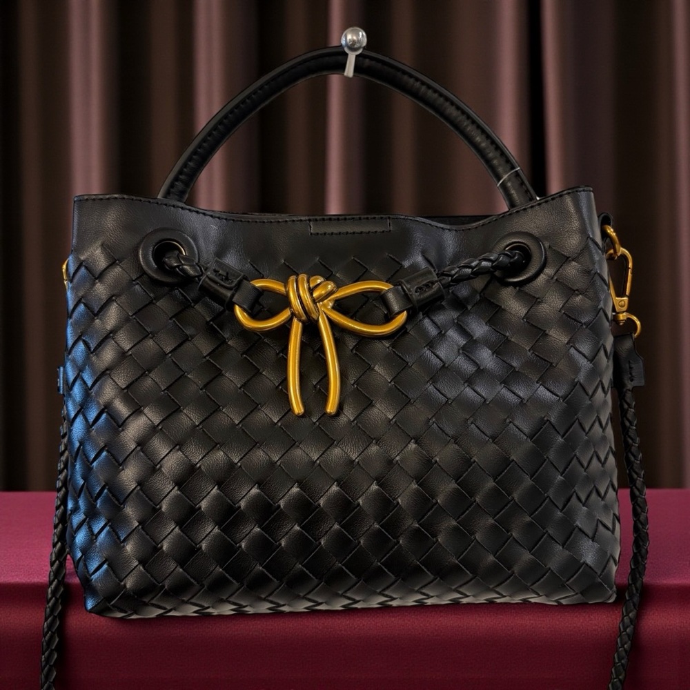 ALTAR’D STATE BLACK WOVEN VEGAN LEATHER BRASS BOW CROSSBODY TOP HANDLE BAG NWT